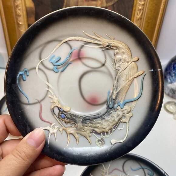 Vintage 5 Saucers Moriage Dragon Ware Marked Lucky Porcelain Japan Black 5.5” - Picture 8 of 9